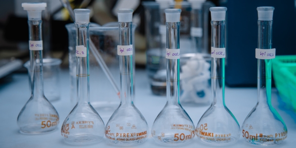 beakers in laboratory 
